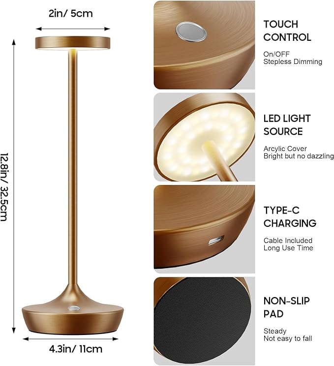 2 Pack LED Cordless Table Lamp Rechargeable，Outdoor Battery Operated Desk Lamp Touch 3 Color Dimming Portable Waterproof Night Light for Patio/Restaurant/Dining/Home (Titanium)