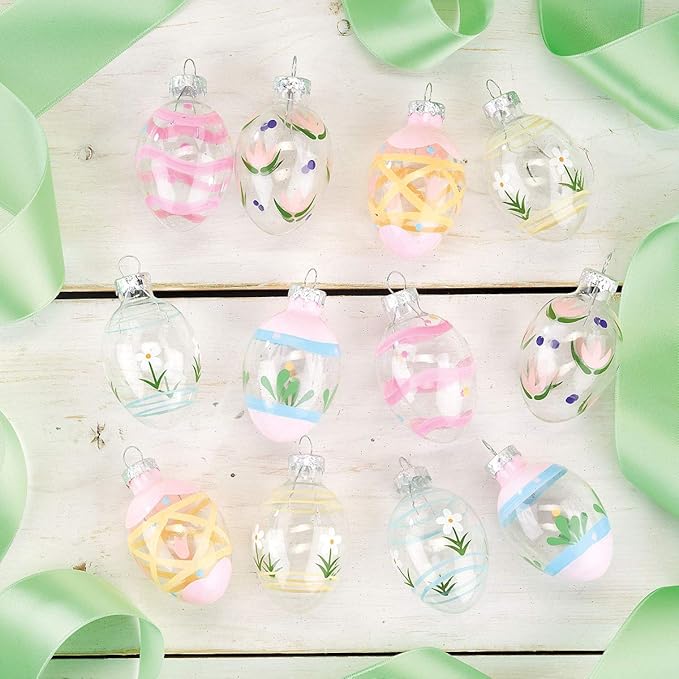 Lillian Vernon Hand Painted Blown Glass Easter Ornaments - Handcrafted Hanging Tree Decorations, Easter Egg Holiday & Party Decor, 2 in, Assorted, 12-Piece Set