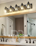 Bathroom Light Fixtures, 5 Light Matte Black Vanity Light, 32 Inch Modern Wall Sconces with Globe Clear Glass Shade, Vanity Lighting Fixtures Over Mirror, VL195-MB-CL-5