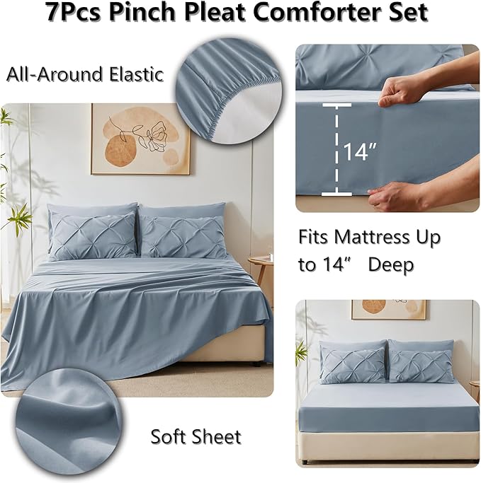 CozyLux Full Size Comforter Sets Grayish Blue, 7 Pieces Pintuck Bed in A Bag Blue Comforter Full Size, Pinch Pleat Bedding Sets with All Season Comforter, Sheets, Pillowcases & Shams