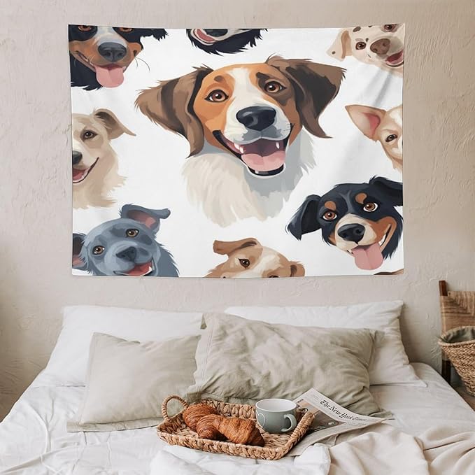 VUMIVI Cartoon Dog Tapestry Black & White Pet Dog Heads Cute Illustration Modern Creative Design Tapestry Wall Hanging for Living Room Bedroom Dorm Classroom Aesthetic Decor W40xL30in