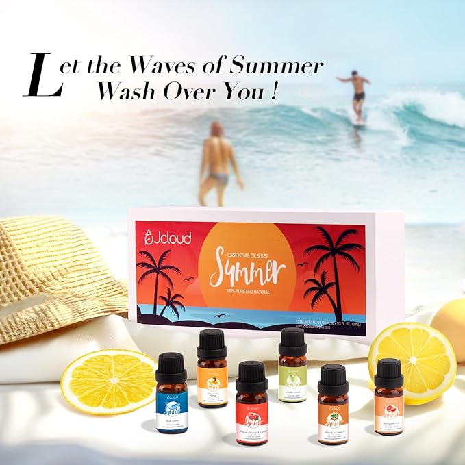 JCLOUD Summer Fragrance Oils Set | Hotel Diffuser Oil & Home Luxury Scents - Gift Set of 6 Summer Essential Oil for Diffusers for Home, Fresh Citrus, Tropical Fruity & Clean Aquatic, 6x10mL