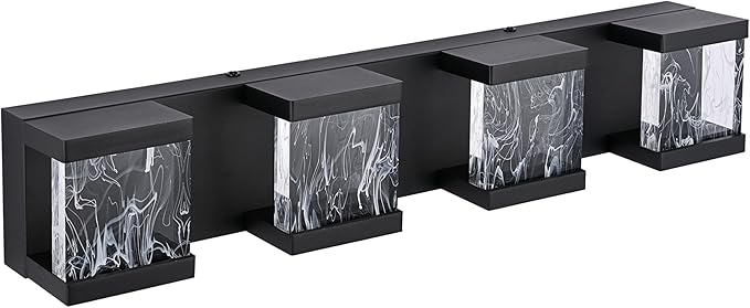 MELUCEE 4 Lights LED Bathroom Vanity Light with Unique Smoke Acrylic Panel Modern Vanity Lighting Black Bathroom Light Fixtures Wall Sconce for Bath Powder Room Entryway, 20W 3000K Warm Lighting