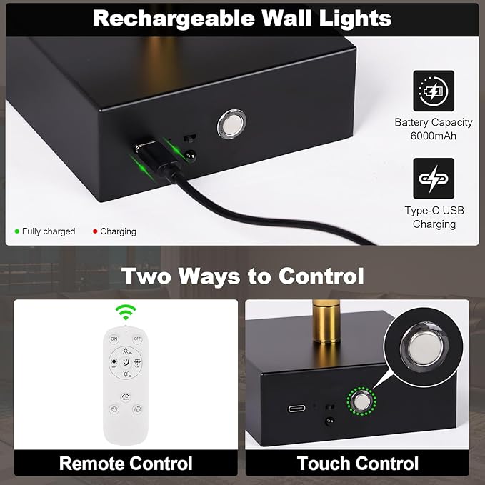 Battery Operated Wall Sconce Set of Two with Remote Control, 3000K-6000K Dimmable Black Gold Wall Lights, Timable LED Wireless Wall Sconces, 350° Ratate for Bathroom, Living Room, 39.4 Inch