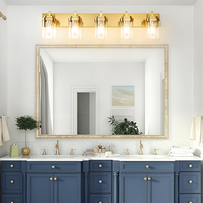 Vanity Light Fixture,5-Light Vanity Light for Bathroom,Brushed Gold Bathroom Vanity Lighting Over Mirror with Square Clear Glass Shade for Restroom