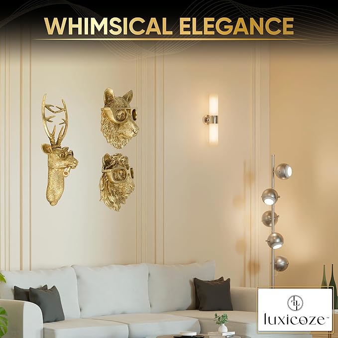 Luxicoze Gold 3pcs Animal Heads Wall Decor - Victorian-Style Lion Head, Bear Head, and Deer Head Wall Mount Decor, Adorned with Spectacles, Resin Home Decor Sculptures for Artistic Living Rooms, Animal Statue.