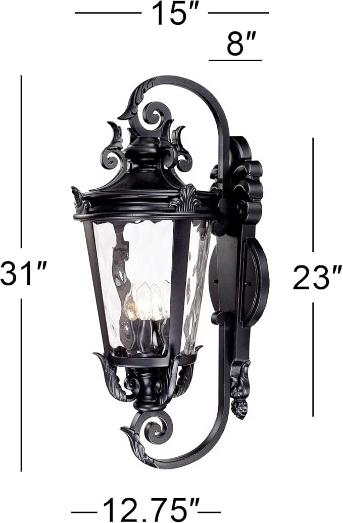 John Timberland Casa Marseille European Outdoor Wall Light Fixture Textured Black Scroll Arm 31" Clear Hammered Glass for Exterior House Porch Patio Outside Deck Garage Yard Front Door Home