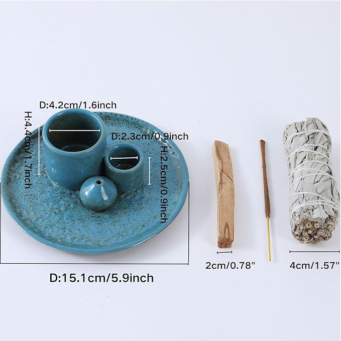 5 in 1 Incense Holder Burner, 5.9" Ceramic Holder for Burning Palo Santo Sage Candle and Incense Sticks Cones, Ash Catcher Tray for Meditation Room Home Décor(Blue)