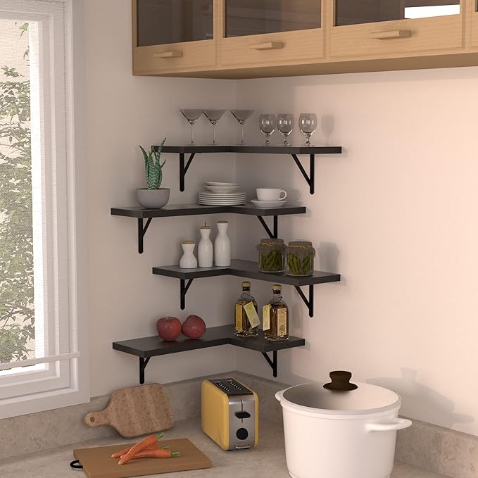 NATURE'S SOURCE Corner Floating Shelves Set of 4, Corner Shelves Wall Mounted, for Bedroom Kitchen Living Room Bathroom Office- Gothic Style (Black, Set of 4)