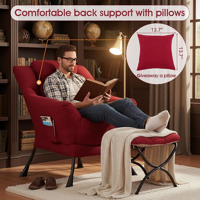 Lazy Chair with Ottoman, Large Lounge Accent Chair with Ottoman and a Throw Pillow, Burgundy Reading Chair for Living Room Bedroom Dorm Room Office Apartment Relaxing Use