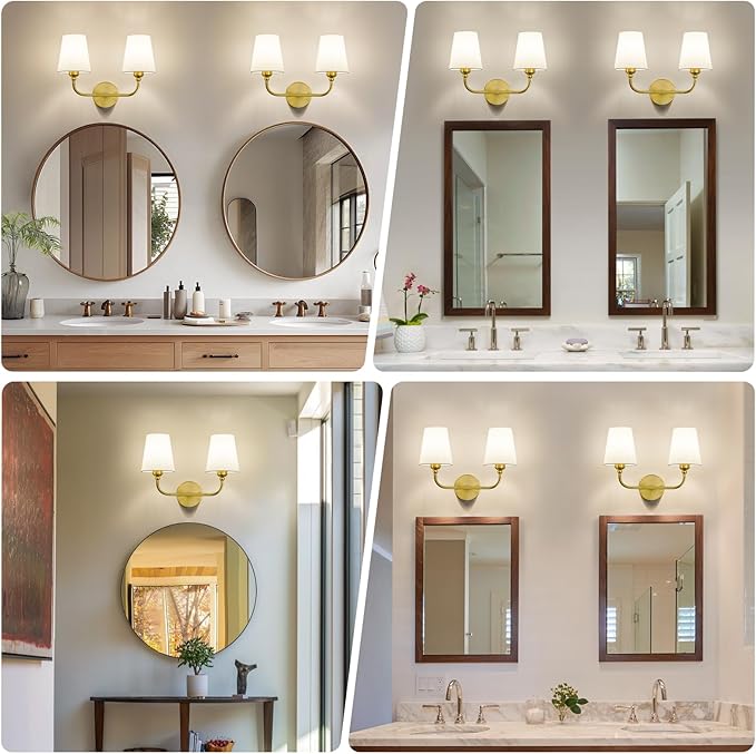 Kvhilw Bathroom Vanity Light, Brushed Gold Bathroom Light Fixtures, 2-Light Lighting Fixtures Over Miror, Modern Wall Sconce with Flared White Fabric Shade, E26 Socket(ETL Listed)