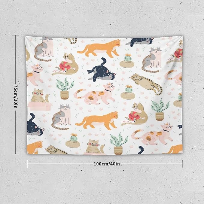 VUMIVI Cute Cat Tapestry Kids Hand-Painted Doodles Colorful Illustrations Potted Plants Paw Prints Tapestry Wall Hanging for Living Room Bedroom Dorm Classroom Aesthetic Decor W40xL30in
