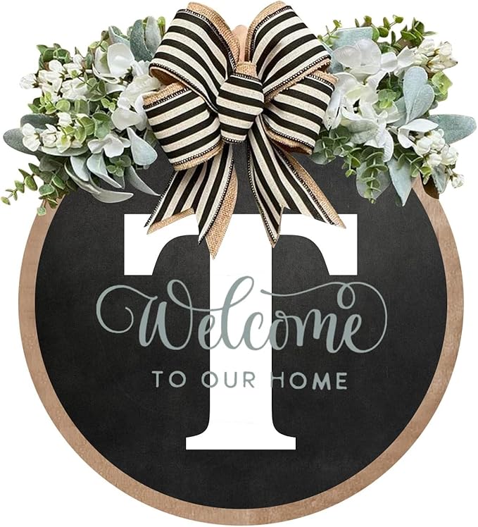 Circular Surname Front Door Welcome Sign - 26 Letter House Wreath, Front Porch Decorations, Year-Round Home Decor (T)