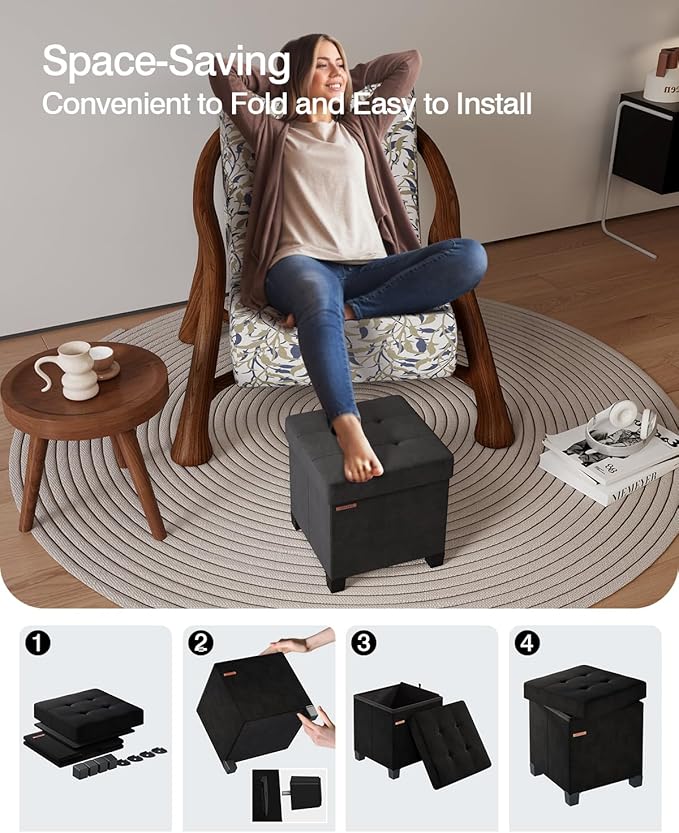 Cube Storage Ottoman, Velvet Foot Stool with Feet, Folding Storage Bench, End of Bed Bench, Storage Chest, for Living Room, Bedroom and Office, 15 x 15 x 15.7 Inches, Ink Black, ASND22B
