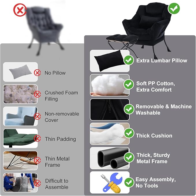Lazy Chair with Ottoman, Modern Accent Chair with Lumbar Pillow, Velvet Black Sofa, Lounge Chairs with Folding Footrest, Oversized Supportive Chairs for Bedroom, Reading