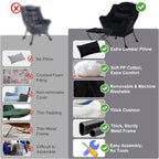 Lazy Chair with Ottoman, Modern Accent Chair with Lumbar Pillow, Velvet Black Sofa, Lounge Chairs with Folding Footrest, Oversized Supportive Chairs for Bedroom, Reading