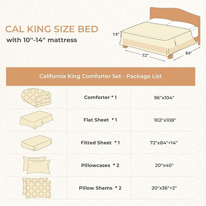 Sasttie California King Comforter Set, 7-Piece Bed in a Bag Cal King, Pintuck Bedding Set for All Season, Includes Comforter, Flat Sheet, Fitted Sheet, Pillowcases and Pillowshams, Linen