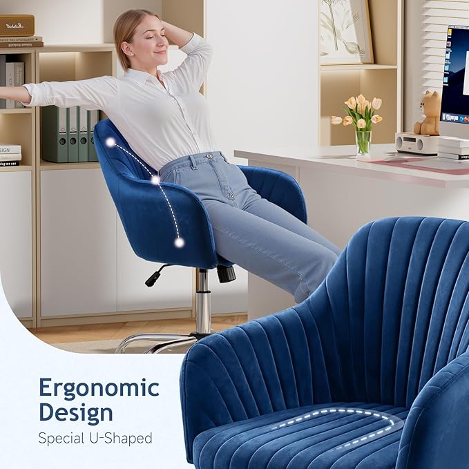 Warmiehomy Desk Chair, Velvet Office Chair for Home Office, Comfy Vanity Chair, Girl Cute Makeup Chair with Arm Rest for Bedroom Dressing Room, Dark Blue
