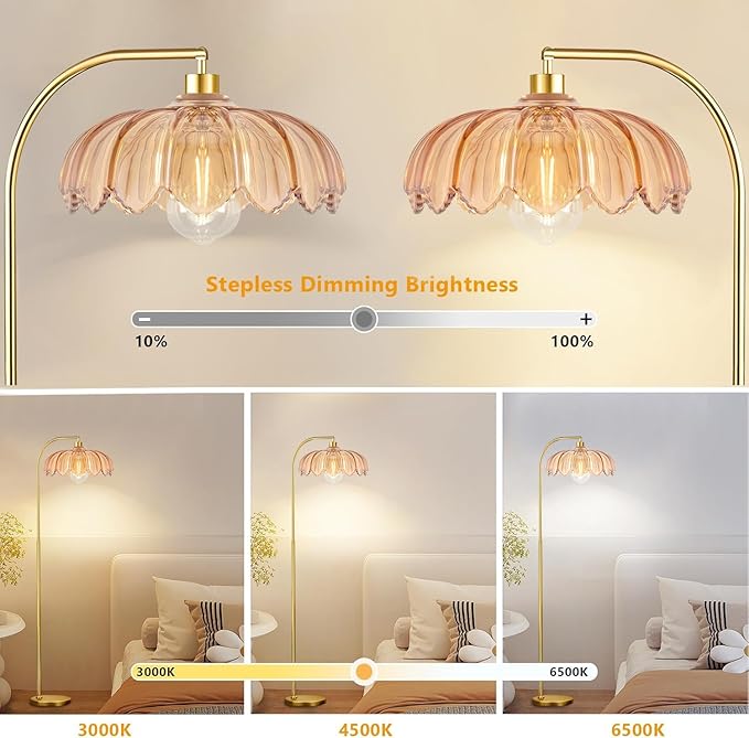 Gold Floor Lamp Dimmable Standing Lamp with Remote,Brass Tall Lamp Mid Century Modern Retro Glass Vintage Green Lamp Floor Light Boho Bohemian for Living Room,Bedroom