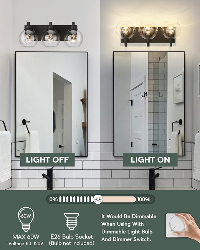 Bathroom Light Fixtures, 3-Light Matte Black Vanity Light, Modern Wall Sconces with Clear Glass Globe Shade, Bathroom Wall Lights for Mirror Kitchen Bedroom Hallway, VL195-MB-3
