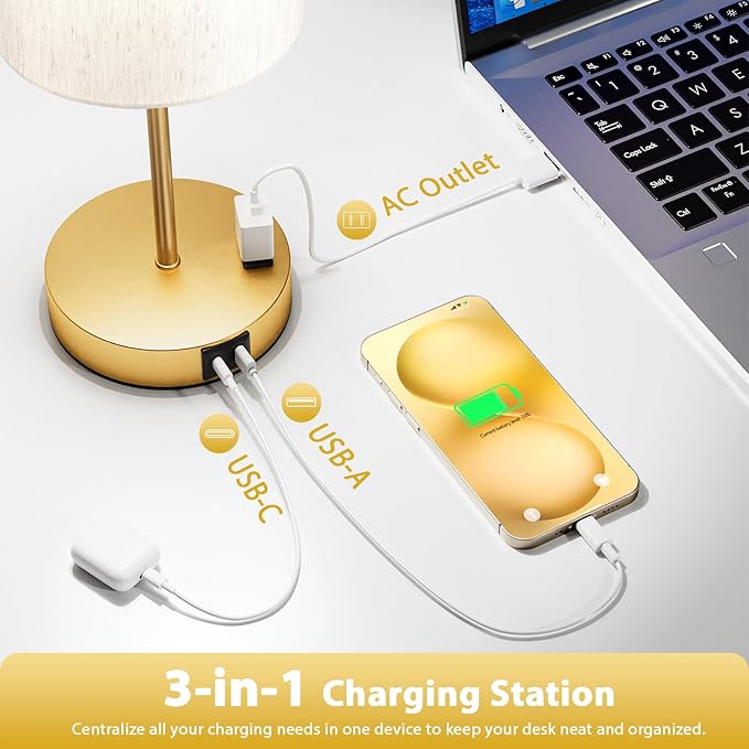 Gold Touch Lamps for Nightstand Set of 2 - Bedside Table Lamp for Bedroom with Dual USB Ports & AC Outlet, 3-Way Dimmable Lamps for Living Room Boys Room, Night Light with 5000K Daylight Bulbs