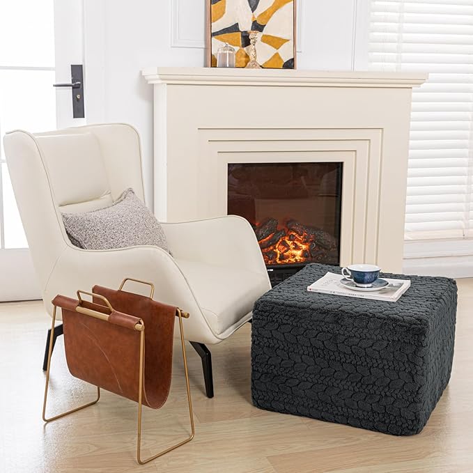 20x20x14 Inches Fluffy Square Pouf Ottoman - Plush Furry Ottoman Foot Rest Stool with High-Density Foam, Versatile Floor Seating for Living Room (Gray)