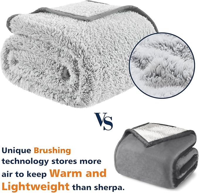 EMME Soft Sherpa Fleece Blanket Reversible Plush Fluffy Large Blanket, Light Weight Warm Decorative Boho Blanket Cover for Sofa, Couch, Bedroom,Travel(Plush Grey,90"x90")