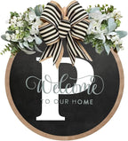 Circular Surname Front Door Welcome Sign - 26 Letter House Wreath, Front Porch Decorations, Year-Round Home Decor (P)
