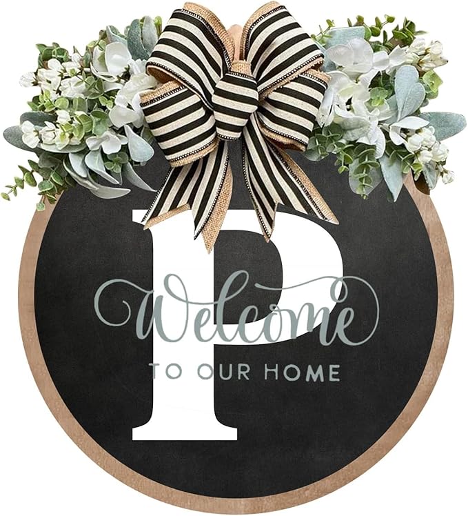 Circular Surname Front Door Welcome Sign - 26 Letter House Wreath, Front Porch Decorations, Year-Round Home Decor (P)