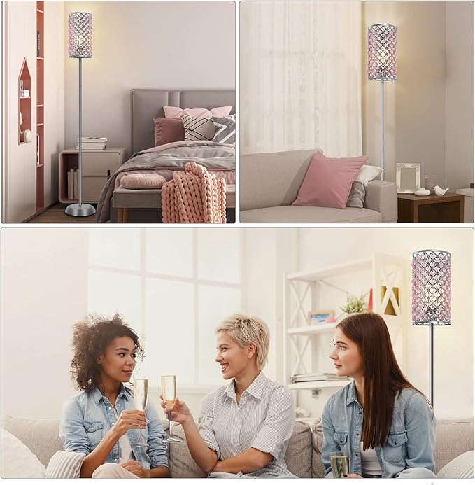 GyroVu Crystal Floor Lamp for Bedroom, Living Room Pink Floor Lamps Modern Tall Lamp with On/Off Foot Switch Glam Standing Light for Girls Bedroom Minimalism Pole Corner Lamp for Office Dorm Hotel