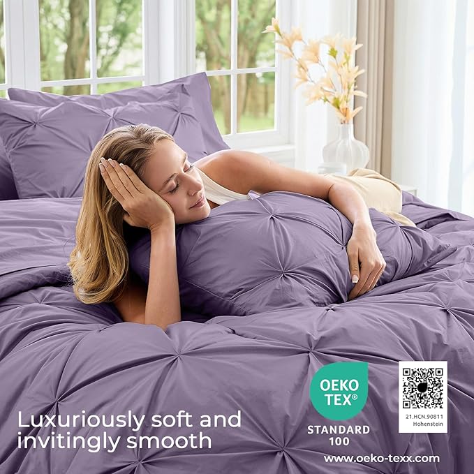 Sasttie Twin XL Comforter Set, 5-Piece Bed in a Bag, Pintuck Bedding Sets for All Season, Includes Comforter, Flat Sheet, Fitted Sheet, Pillowcase and Pillowsham, New Purple