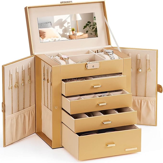 Valentine's Day Gifts Homde Synthetic Leather Huge Jewelry Box Mirrored Watch Organizer Necklace Ring Earring Storage Lockable Gift Case (Gold)