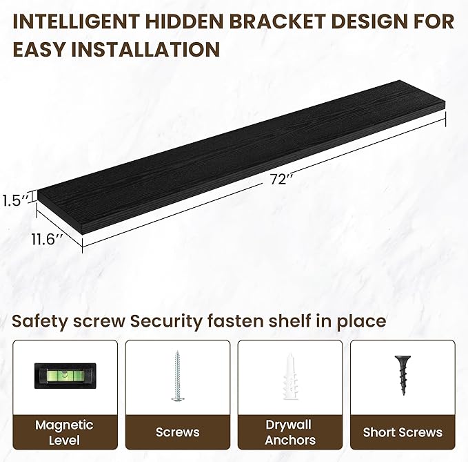 72 inch Floating Shelves for Wall, 12 Inch Deep Floating Shelf, Hanging Shelf with Invisible Brackets, Rustic Wooden Wall Shelves for Bathroom, Bedroom, Living Room,Farmhouse Set of 1,Black