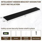 72 inch Floating Shelves for Wall, 12 Inch Deep Floating Shelf, Hanging Shelf with Invisible Brackets, Rustic Wooden Wall Shelves for Bathroom, Bedroom, Living Room,Farmhouse Set of 1,Black