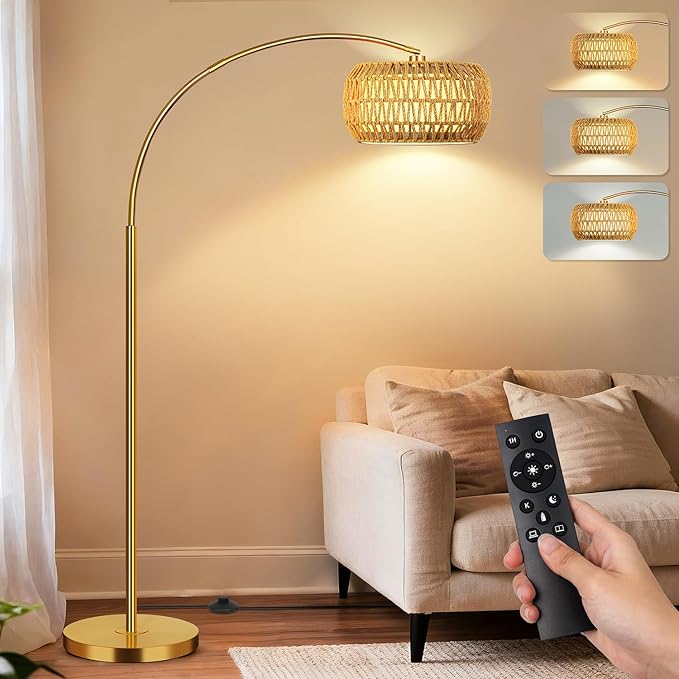Gold Floor Lamps for Living Room, Arc Floor Lamp with Remote & Dimmable Bulb, Boho Standing lamp with 3 Color Temperatures, Adjustable Rattan & Fabric Shades Tall Lamp, Over Couch Reading Lamp