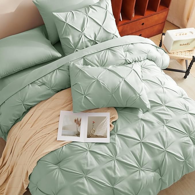 CozyLux Twin XL Comforter Set Sage Green, 5 Pieces Twin Extra Long Pintuck Bed in A Bag for College Dorm, Pinch Pleat Bedding Set with Comforter, Sheets, Pillowcase & Sham