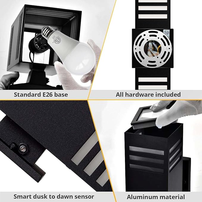 Dusk to Dawn LED Outdoor Light Fixture Wall Mount,Black Square Porch Lights Outdoor,Modern Exterior Wall Sconce Lights 13In, Bulb Includes Up Down Outside Wall Light for House Front Door