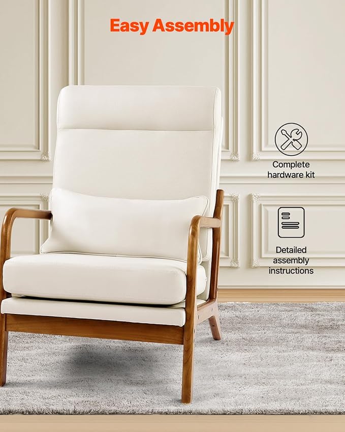 VEVOR Accent Chair, High Back Mid Century Modern Armchair with Solid Wood Frame and Non-Slip Legs, Upholstered Leisure Chair with Linen Fabric and 5.3 in Thickened Cushion, for Living Room, Bedroom