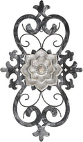 Metal Flowers Wall Art, 15.75” x 9” Metal Scroll Floral Wall Decor, Hanging Wall Sculpture with Wooden Bohemian Flower, Iron Wall Decoration for Living Room Kitchen, Outside Wall Decor for Garden