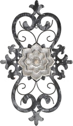 Metal Flowers Wall Art, 15.75” x 9” Metal Scroll Floral Wall Decor, Hanging Wall Sculpture with Wooden Bohemian Flower, Iron Wall Decoration for Living Room Kitchen, Outside Wall Decor for Garden