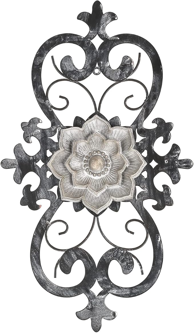 Metal Flowers Wall Art, 15.75” x 9” Metal Scroll Floral Wall Decor, Hanging Wall Sculpture with Wooden Bohemian Flower, Iron Wall Decoration for Living Room Kitchen, Outside Wall Decor for Garden