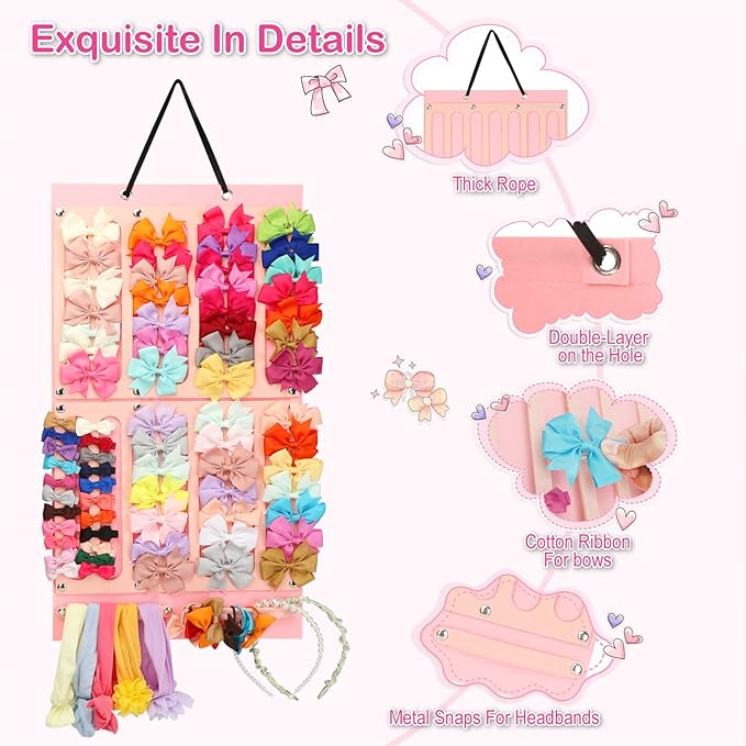 Vimiv Hair Bows Holder & Organizer w/Large Capacity, 16 Ribbons,Bows Organizer, Baby Hair Accessory Storage Display with Sturdy Rope, Wall Hanging for Girl Room & Nursery Decor