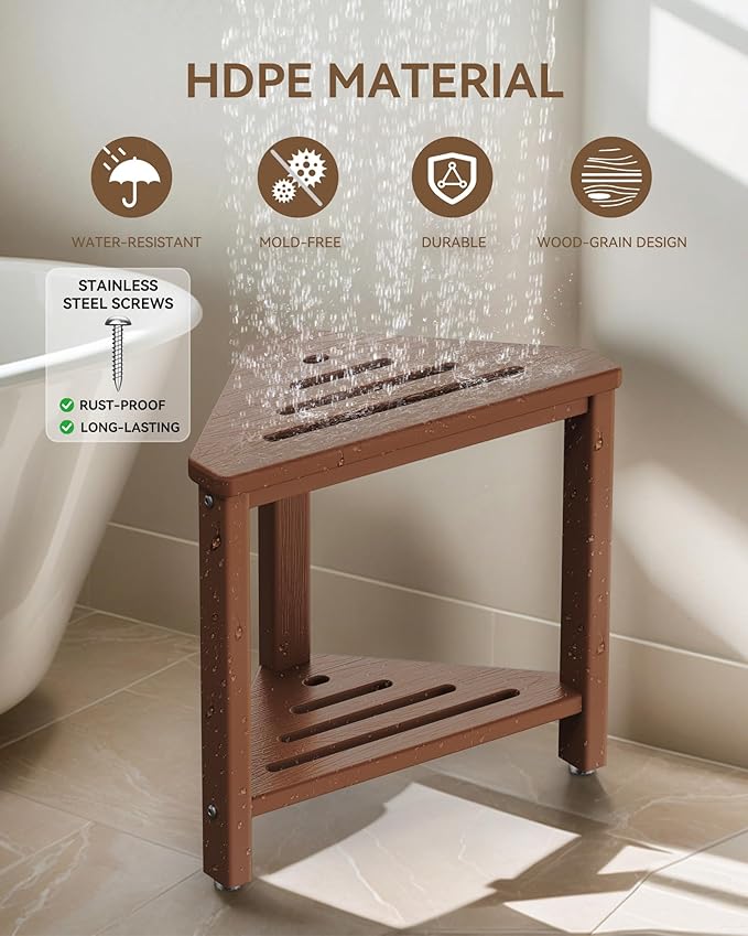 Teak Shower Foot Rest 15in, HDPE Waterproof Shower Stool for Inside Shower, Corner Shower Stool for Shaving Legs with Storage Shelf for Small Space, Shower Step Stool, Plastic Corner Shower Bench