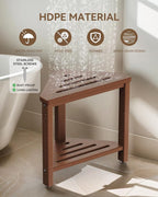 Teak Shower Foot Rest 15in, HDPE Waterproof Shower Stool for Inside Shower, Corner Shower Stool for Shaving Legs with Storage Shelf for Small Space, Shower Step Stool, Plastic Corner Shower Bench