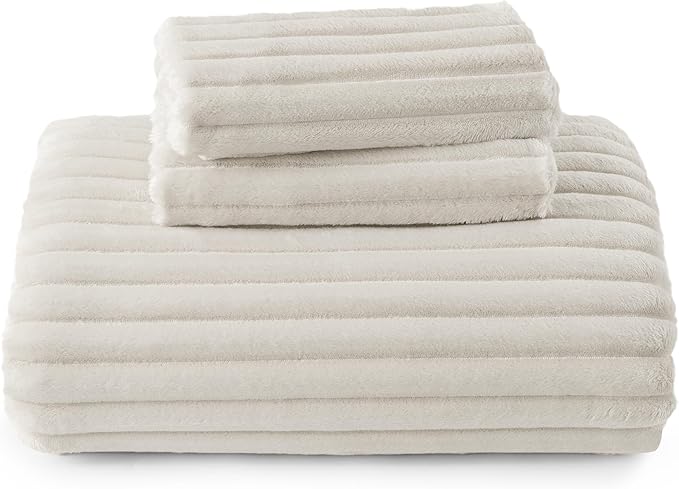 Bedsure Fluffy Duvet Cover Set - Ultra Soft Plush Shaggy Comforter Cover Queen Size, Warm Flannel Fleece Bed Sets for Winter, 3 Pieces (Striped Pattern, Linen)