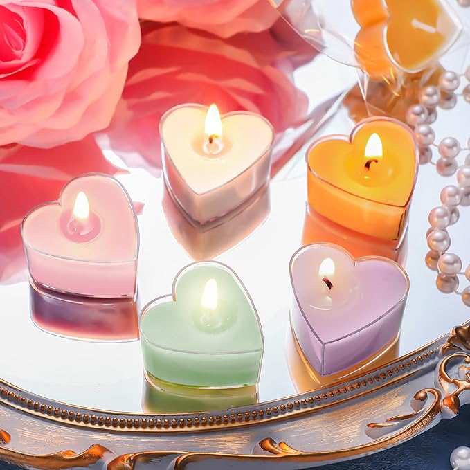 Honoson 12 Pack Multicolor Tea Lights Candles Heart Tea Light Natural Wax Scented 6 Scents Conversation Candle for Spring Easter Wedding Engagement Gifting Aromatherapy Anniversary Summer Home Decor