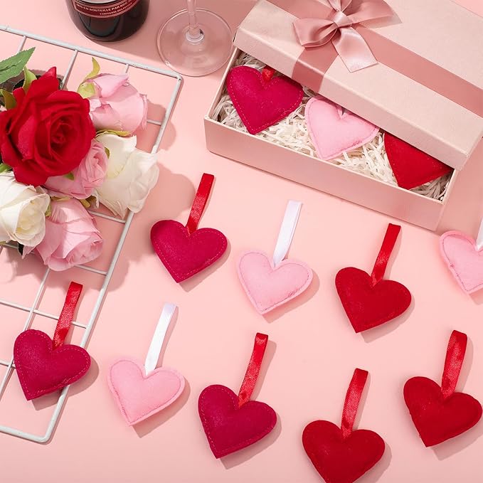 Syhood 12 Pcs Valentine's Day Felt Heart Ornaments Hanging Tree Decor for Wedding, Anniversary, Christmas Party Supplies, Winter Home Decorations(Pink. Red and Rose Red,Solid Color Style)