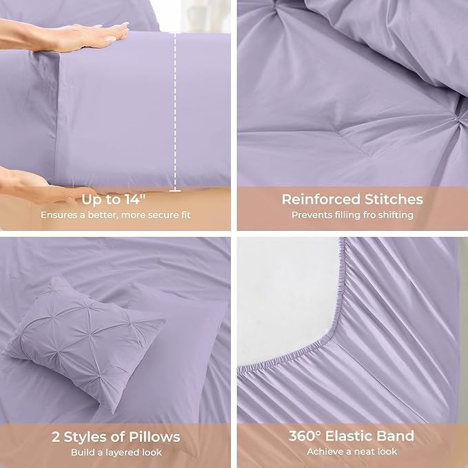 Sasttie Full Size Comforter Set, 7-Piece Bed in a Bag, Pintuck Bedding Sets for All Season, Includes Comforter, Flat Sheet, Fitted Sheet, Pillowcases and Pillowshams, Lavender
