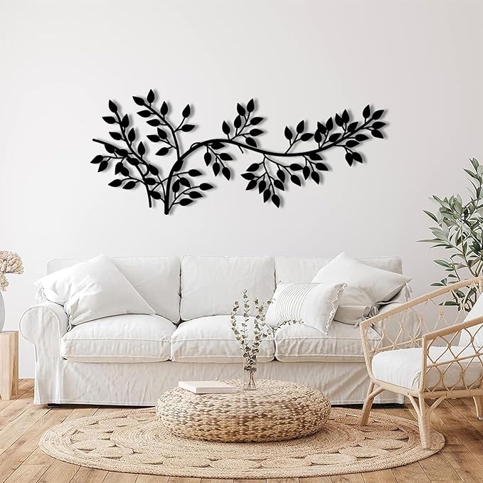 yumcake Metal Tree Leaf Wall Decor, Metal Tree Wall Art, Vine Olive Branch Leaf, Leafy Ivy, Leaves Hanging Wall Art, Branch Wall Decor for Living Room (Silver, 30 x 13 inches / 76 x 32 cm)