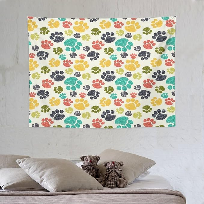 VUMIVI Dog Paw Tapestry Hand Painted Colorful Animal Footprints Doodle Kids Painting Tapestry Wall Hanging for Living Room Bedroom Dorm Classroom Aesthetic Decor W40xL30in